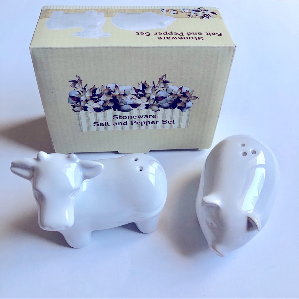 NEW FA Stoneware Salt & Pepper Set Cow & Pig White